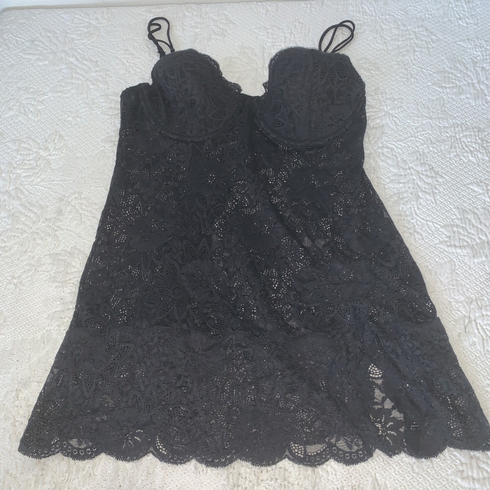 Y2k Victorias Secret Sheer Babydoll‎ Mini Dress Top Black Whimsigoth Lace 36C